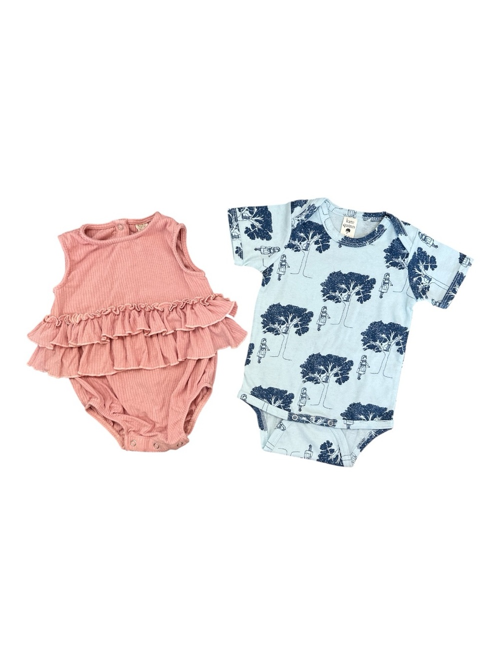 KATE QUINN 3-6m - Pink Ruffle Bodysuit & Light Blue Cat in Tree-Print w/Girl